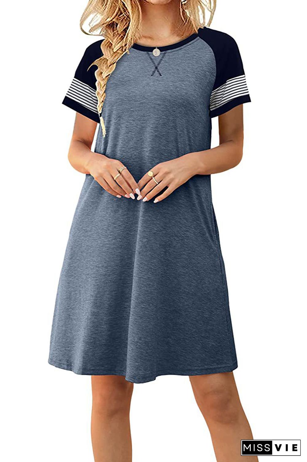 Striped Short Sleeve Splicing O-neck T-shirt Dress Wholesale