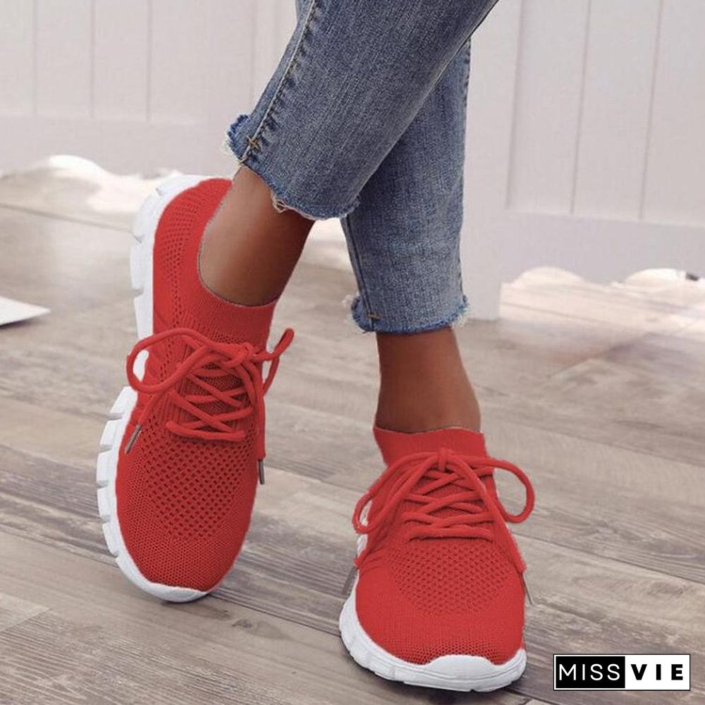 Women's Solid Color Shoelaces Round Toe Flat Heel Casual Sneakers