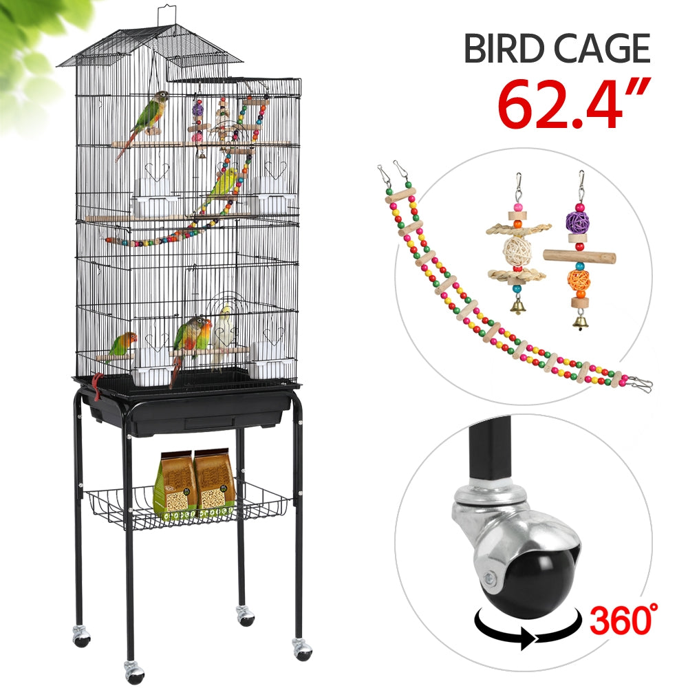 Topeakmart 62.5''H Rolling Metal Birdcage Parrot Cage with Detachable Stand， Black