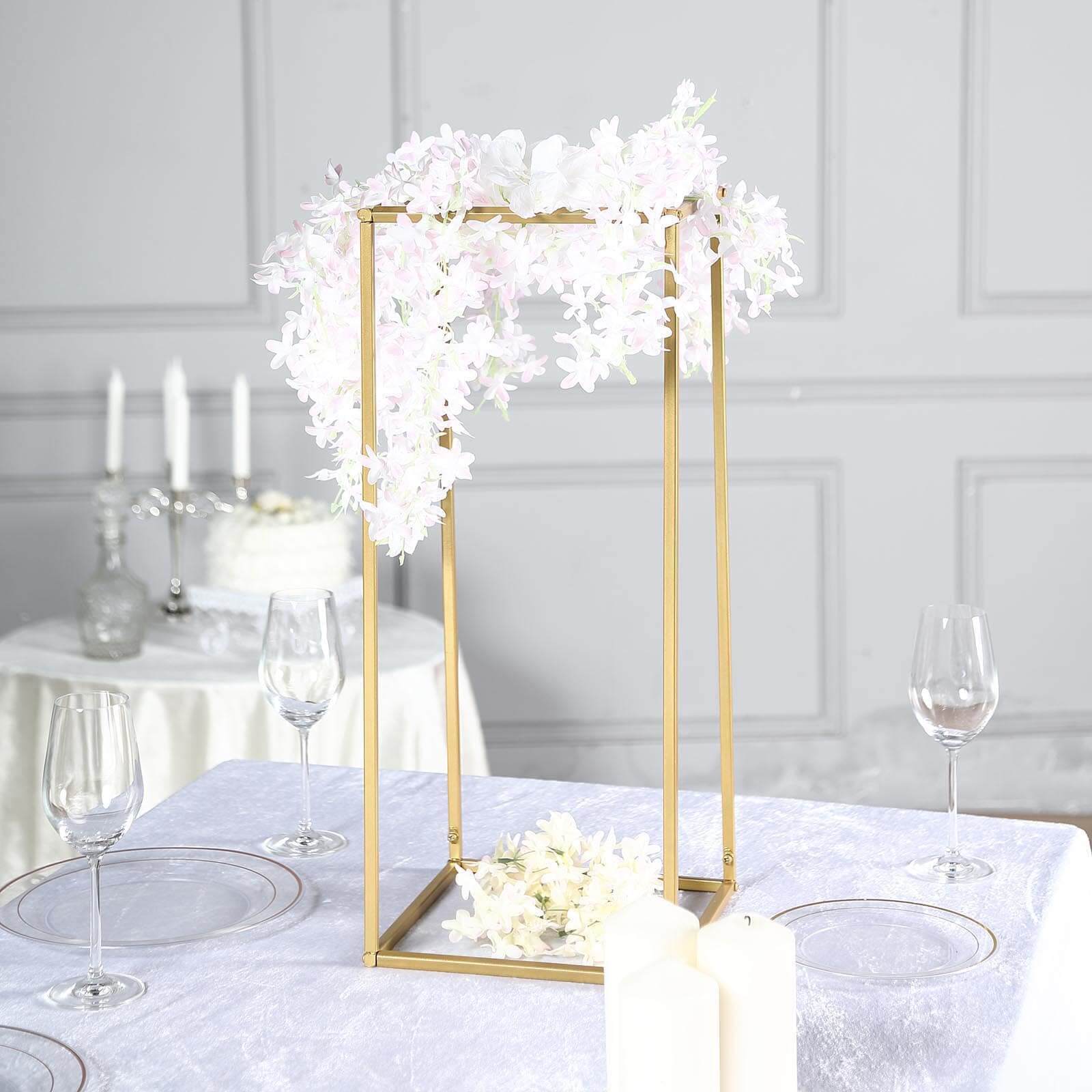 2 Pack Rectangular Gold Metal Wedding Flower Stand, Geometric Column Frame Centerpiece 24