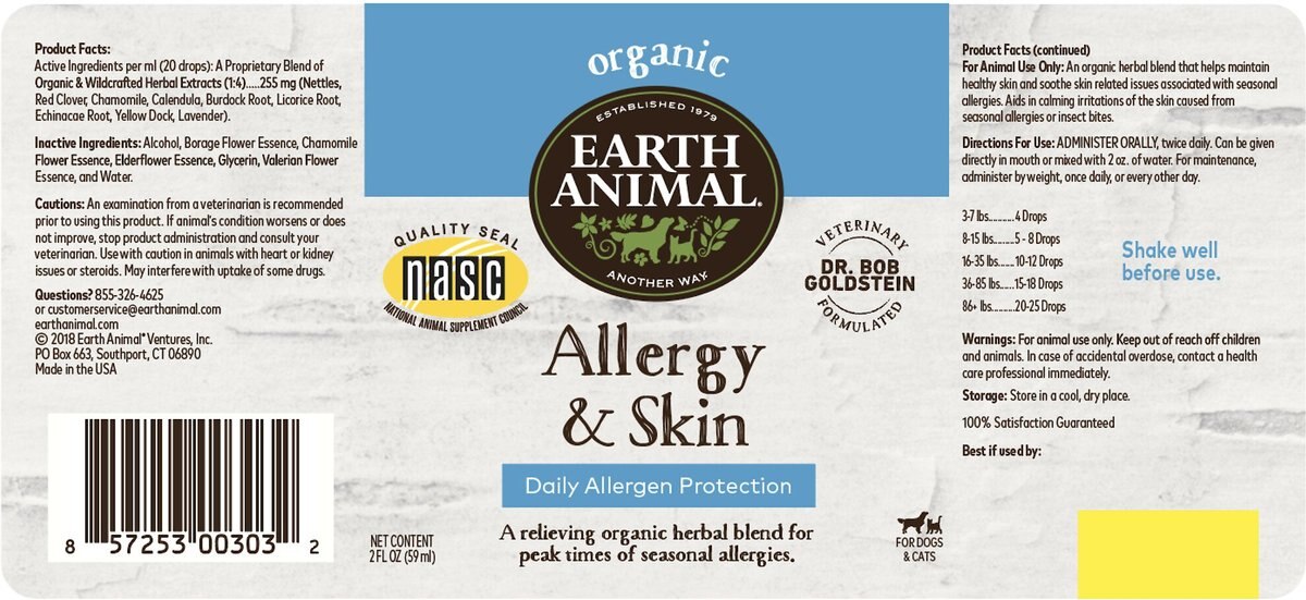 Earth Animal Natural Remedies Allergy and Skin Liquid Homeopathic Allergy Supplement for Dogs and Cats， 2-oz bottle