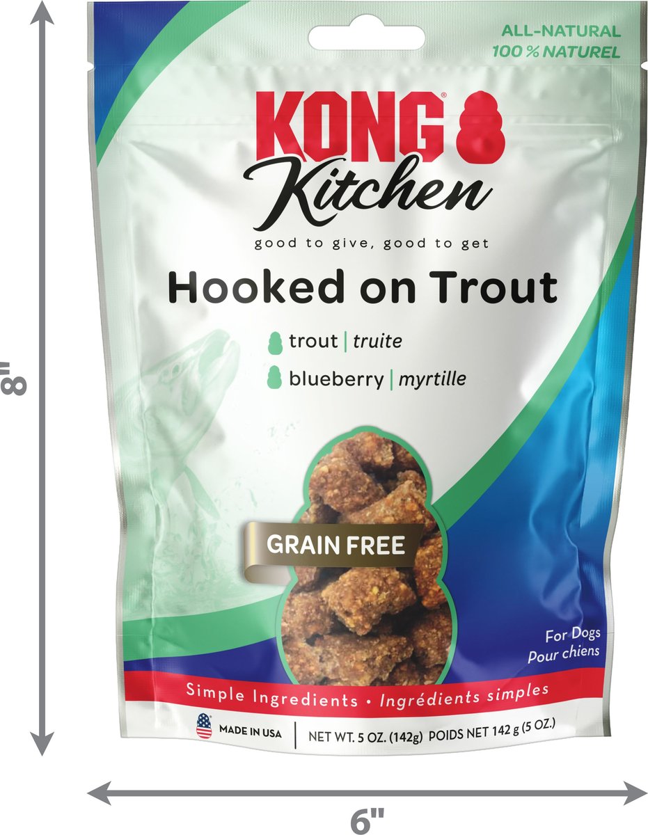 KONG Kitchen Hooked On Trout Grain-Free Cod Chewy Dog Treats， 5-oz box