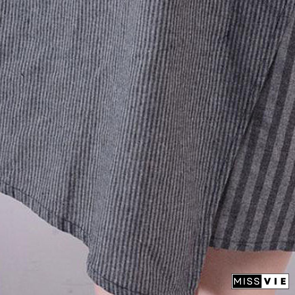 fashion long cotton blended dress Loose fitting Casual Summer Stripe Big Pocket Loose Suspender Gray Dress