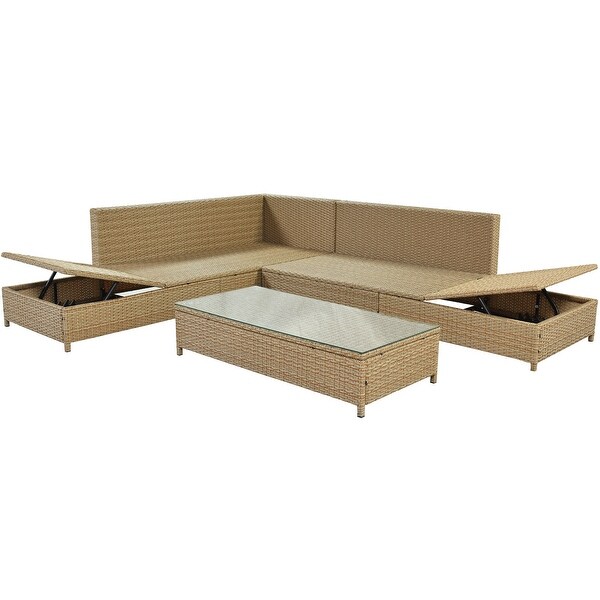 3 Piece Rattan Sofa Set All Weather PE Wicker Sectional Set with Adjustable Chaise Lounge Frame and Tempered Glass Table - Overstock - 35938902