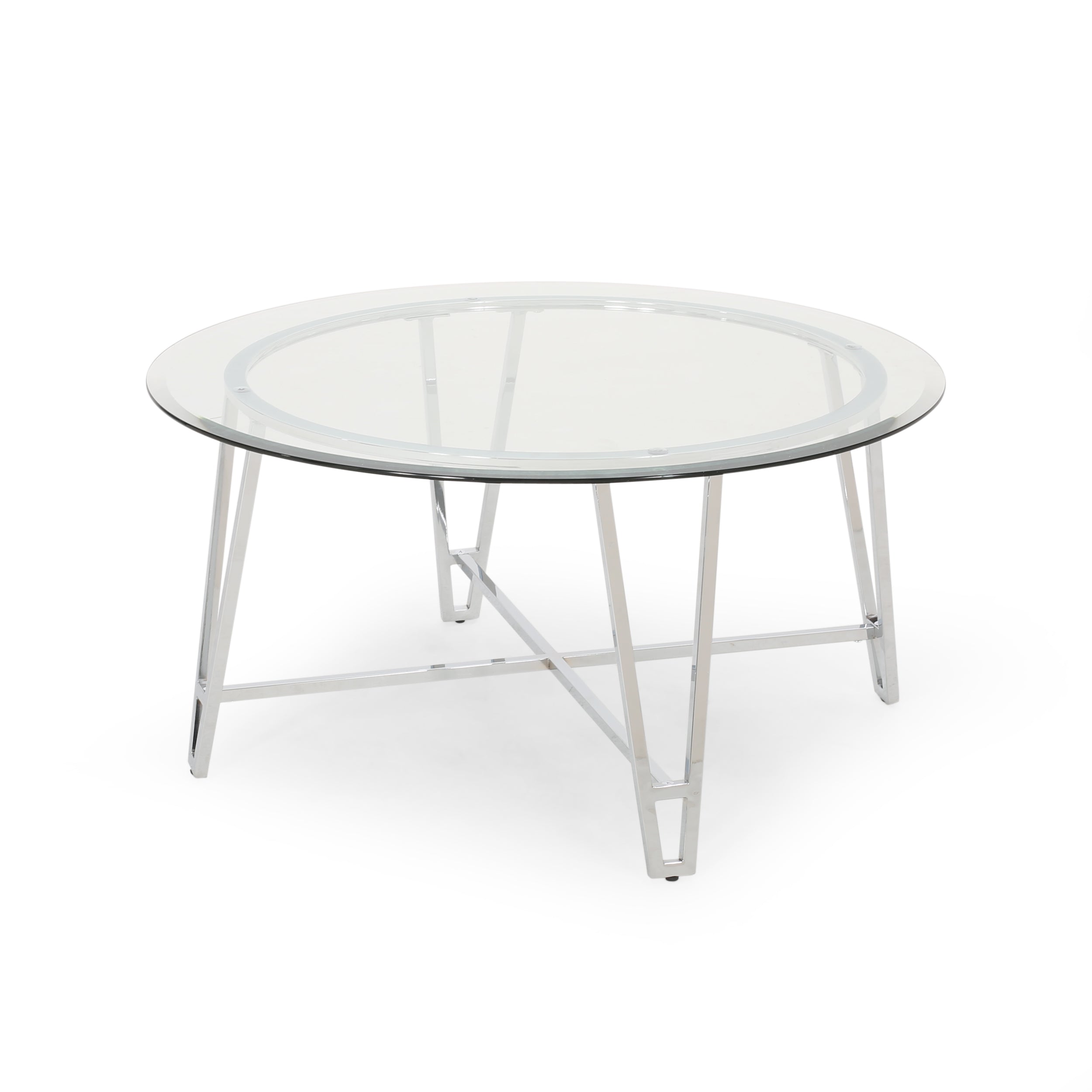 Tylenn Modern Iron Coffee Table with Round Tempered Glass Top, Silver