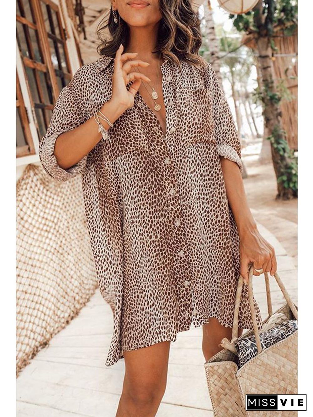 Leopard Printed Long Sleeve Shirt Mini Dress P13175