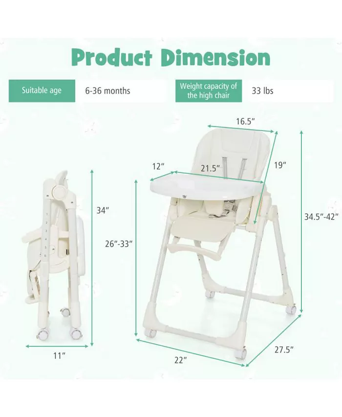 Slickblue Folding High Chair with Height Adjustment and 360anddeg; Rotating Wheels