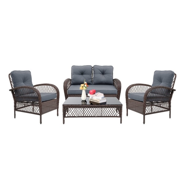 UPHA 4Piece Brown Wicker Patio Conversation Deep Seating Set with Coffee Table and Cushions