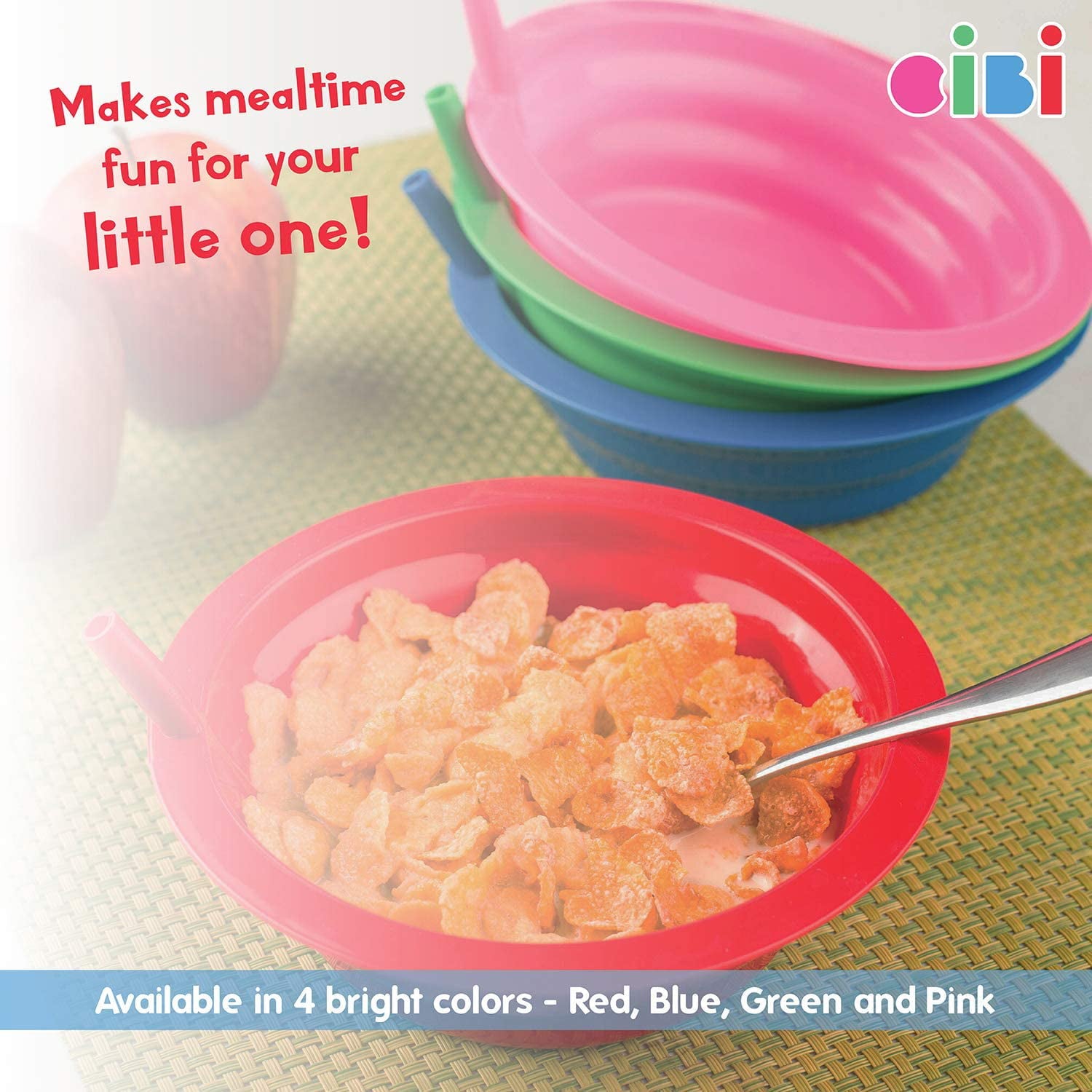 Cibi Cereal Bowls with Straws For Kids | BPA-Free 22 Ounce Sip-a-Bowl | Microwaveable and Dishwasher Safe Toddler Bowl Set for a Fuss-Free Breakfast | Four Pack in Blue， Pink， Green， and Red