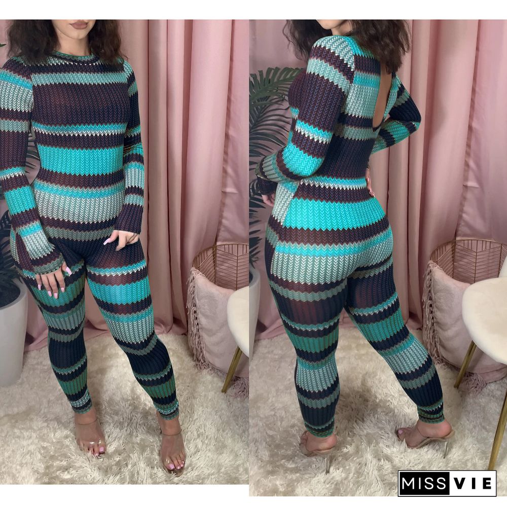 Women's Striped Print Long Sleeve High Waist Jumpsuit