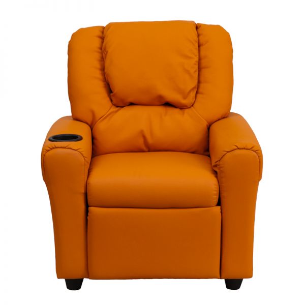 Vana Contemporary Orange Vinyl Kids Recliner with Cup Holder and Headrest