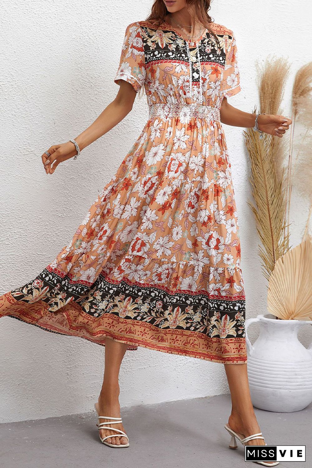 Bohemia Vintage Tiered Short Sleeve Flower Dress