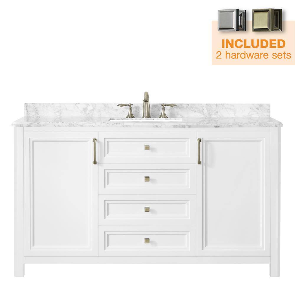 Home Decorators Collection Sandon 60 in. W x 22 in. D x 34.5 in. H Single Sink Bath Vanity in White with White Carrara Marble Top Sandon 60W