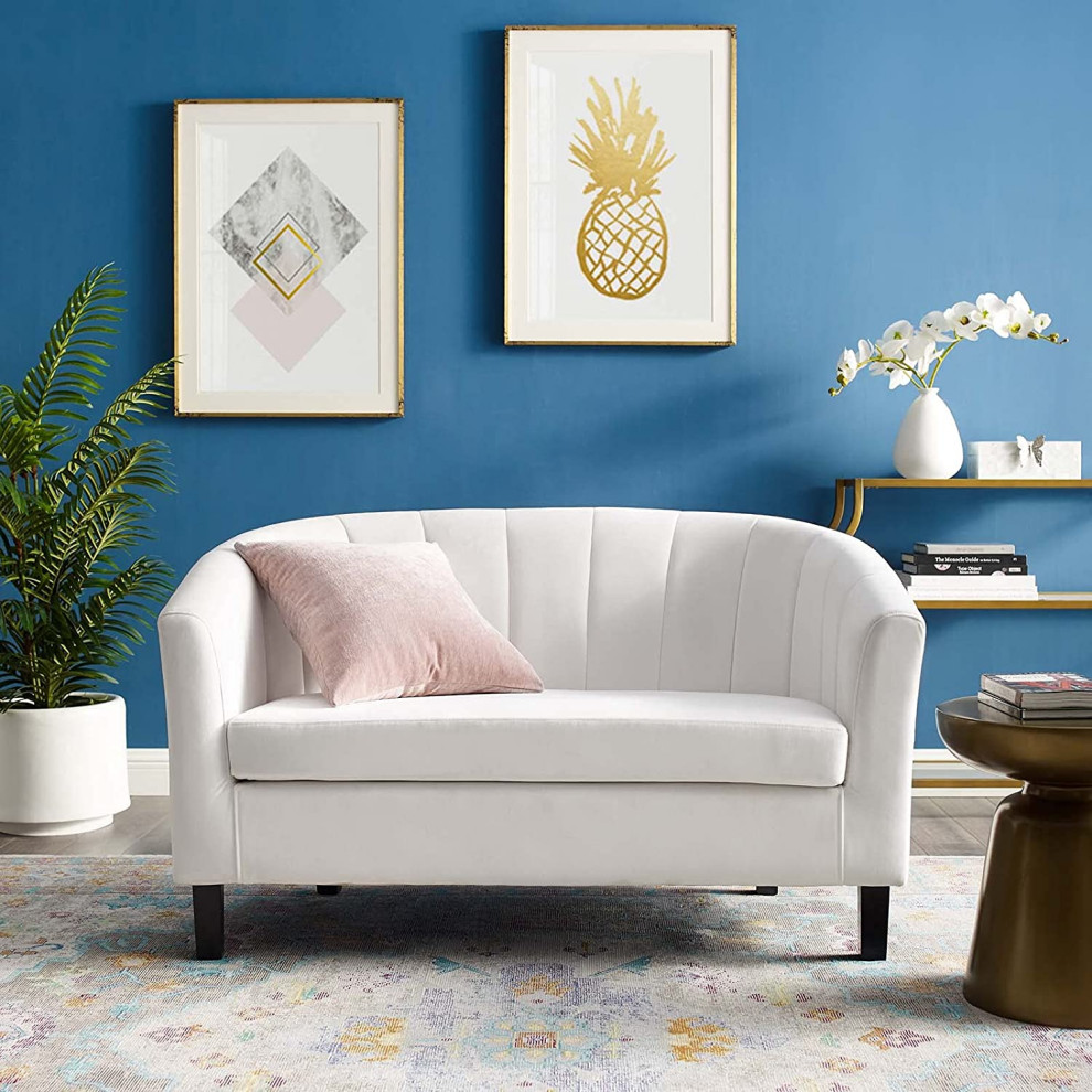 Contemporary Loveseat  Velvet Upholstery  ampCurved Channel Tufted Back  White   Traditional   Loveseats   by Decor Love  Houzz