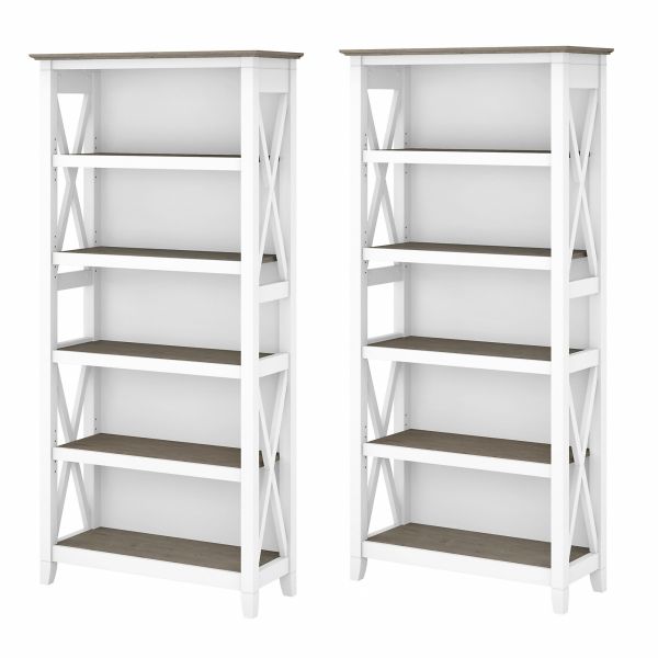 Bush Furniture Key West 5 Shelf Bookcase Set in Pure White and Shiplap Gray