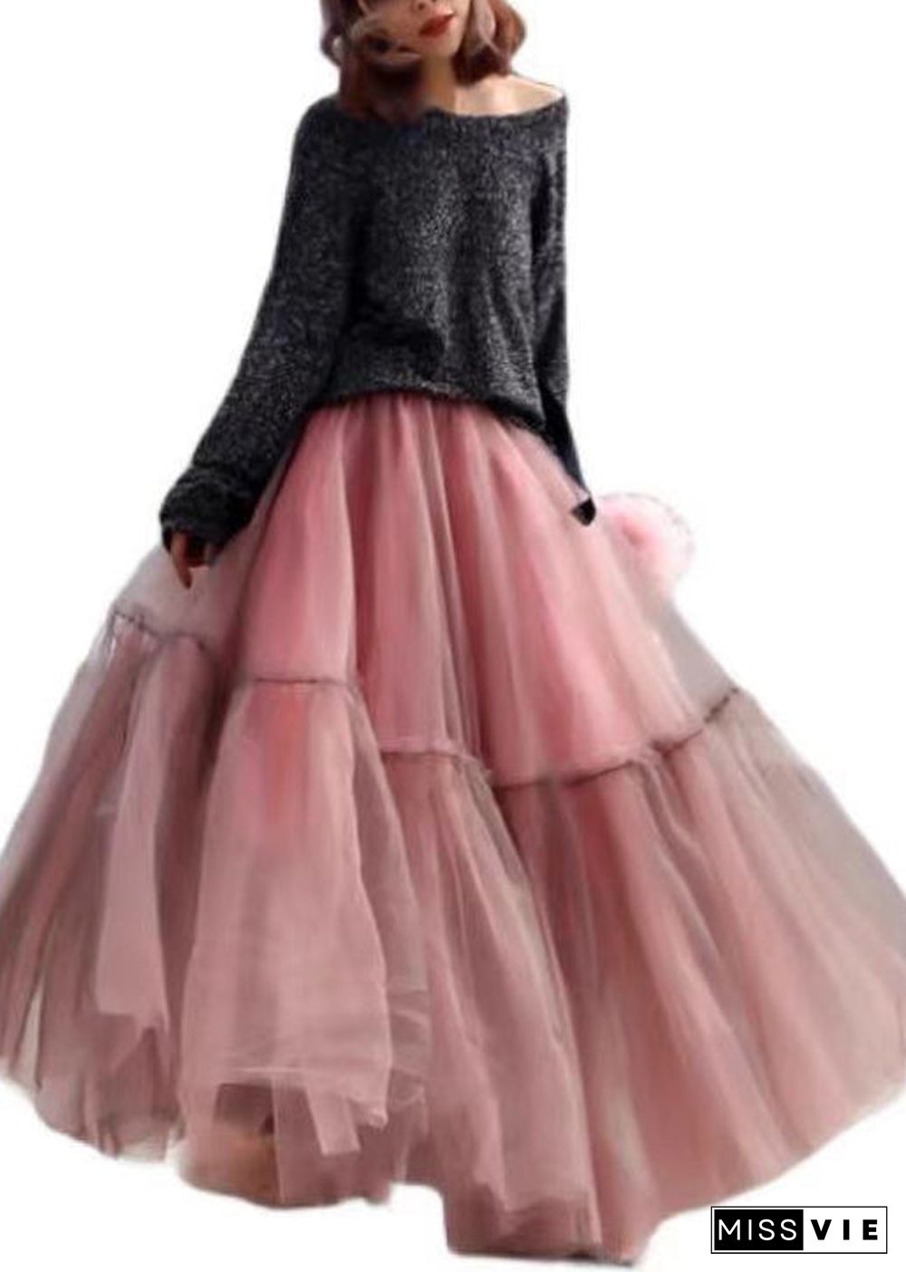 Women Grey Ruffled Tulle Cinched Circle Fall Skirt