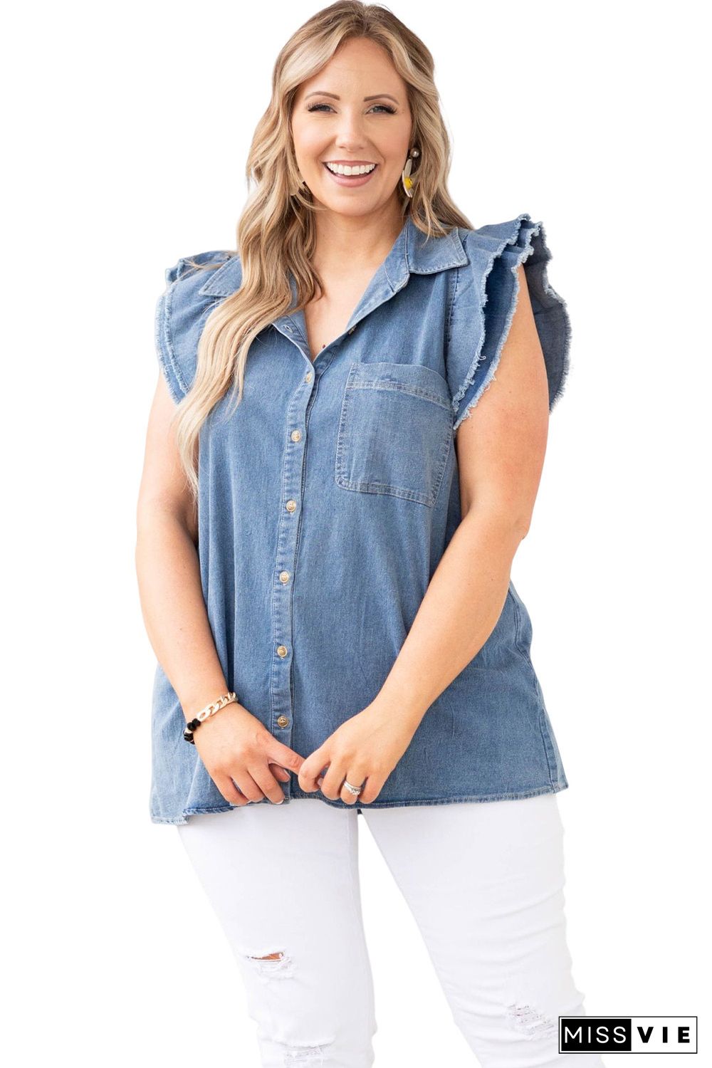 Blue Frayed Ruffle Sleeve Plus Size Denim Shirt