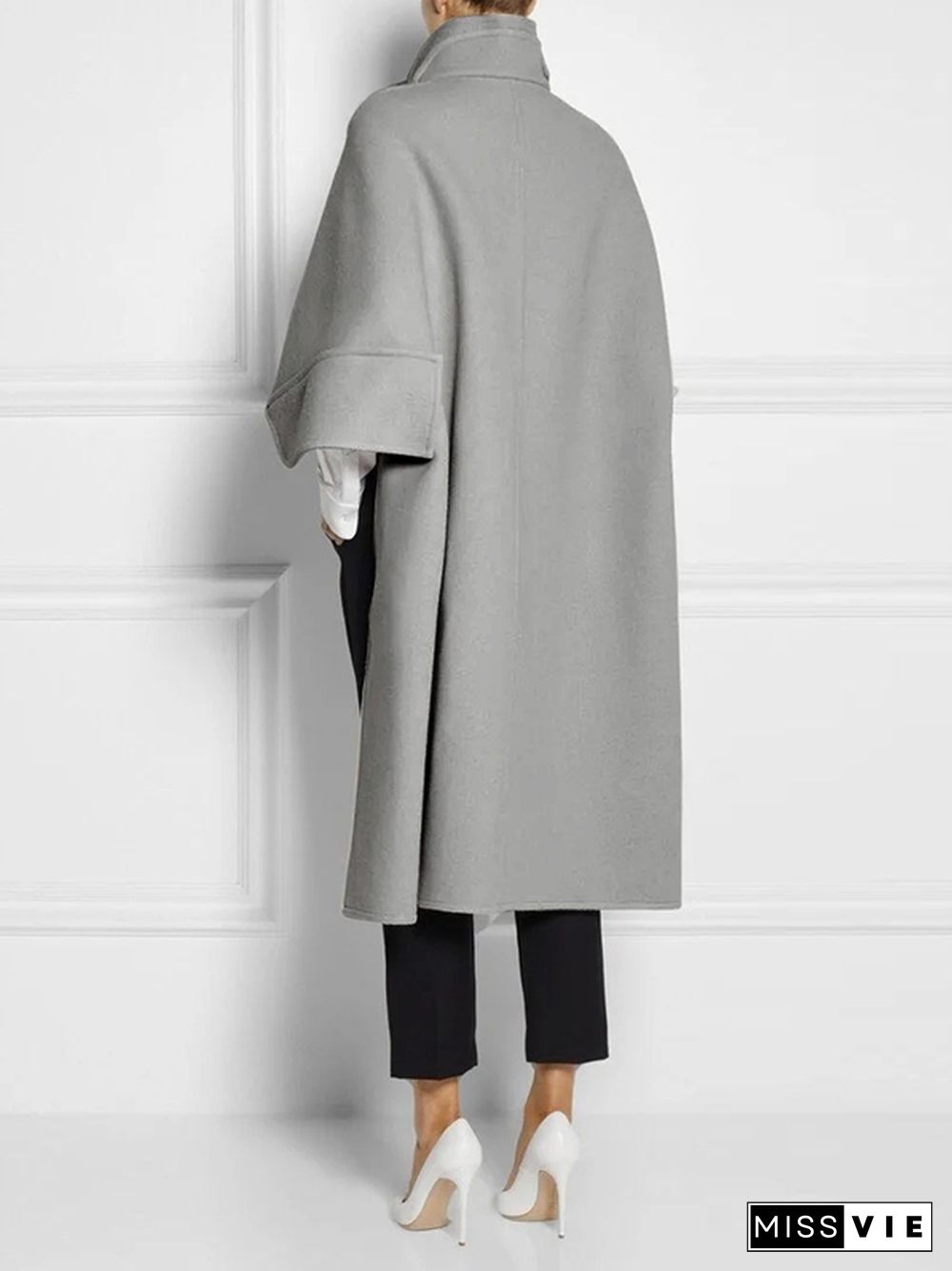 Batwing Sleeves High-Low Split-Joint High-Neck Cape Woolen Coat