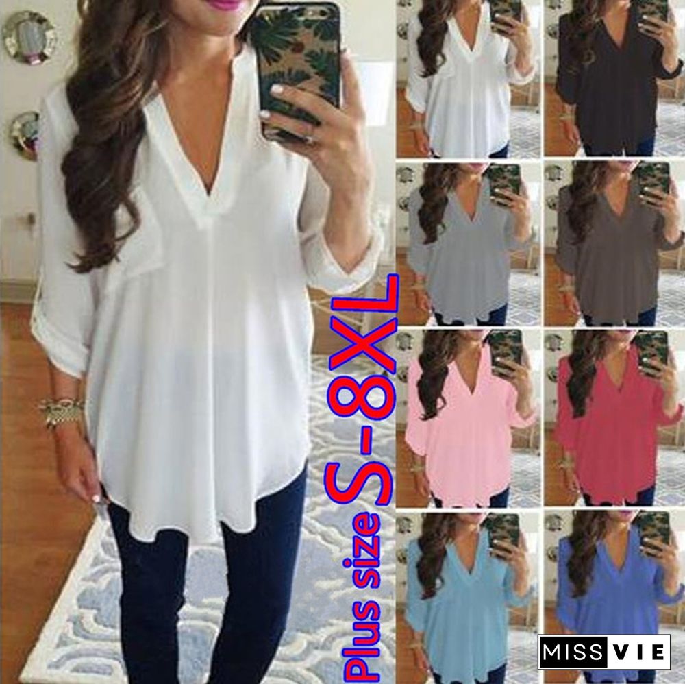 Plus Size S-8XL Women's Fashion Casual Chiffon Tops V-neck Solid Color Ladies Sexy Long Sleeve Shirt Loose Tops T Shirt Blouse