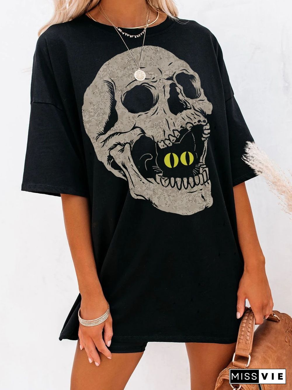 Halloween Cat Skull Print T-shirt