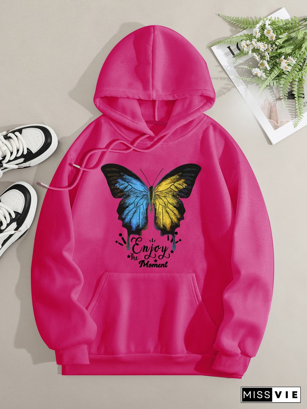 Printed on front Kangaroo Pocket Hoodie Long Sleeve for Women Pattern Butterfly Enjoy the Moment