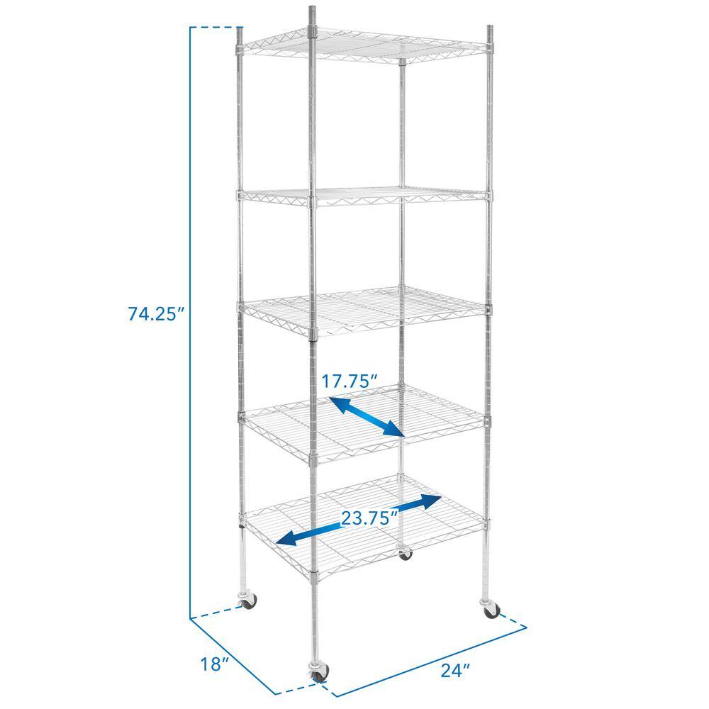 mount-it! Stainless Steel 5-tier Metal Garage Storage Shelving Unit with Wheels 24 in. x 74.25 in. x 18 in. MI-7862