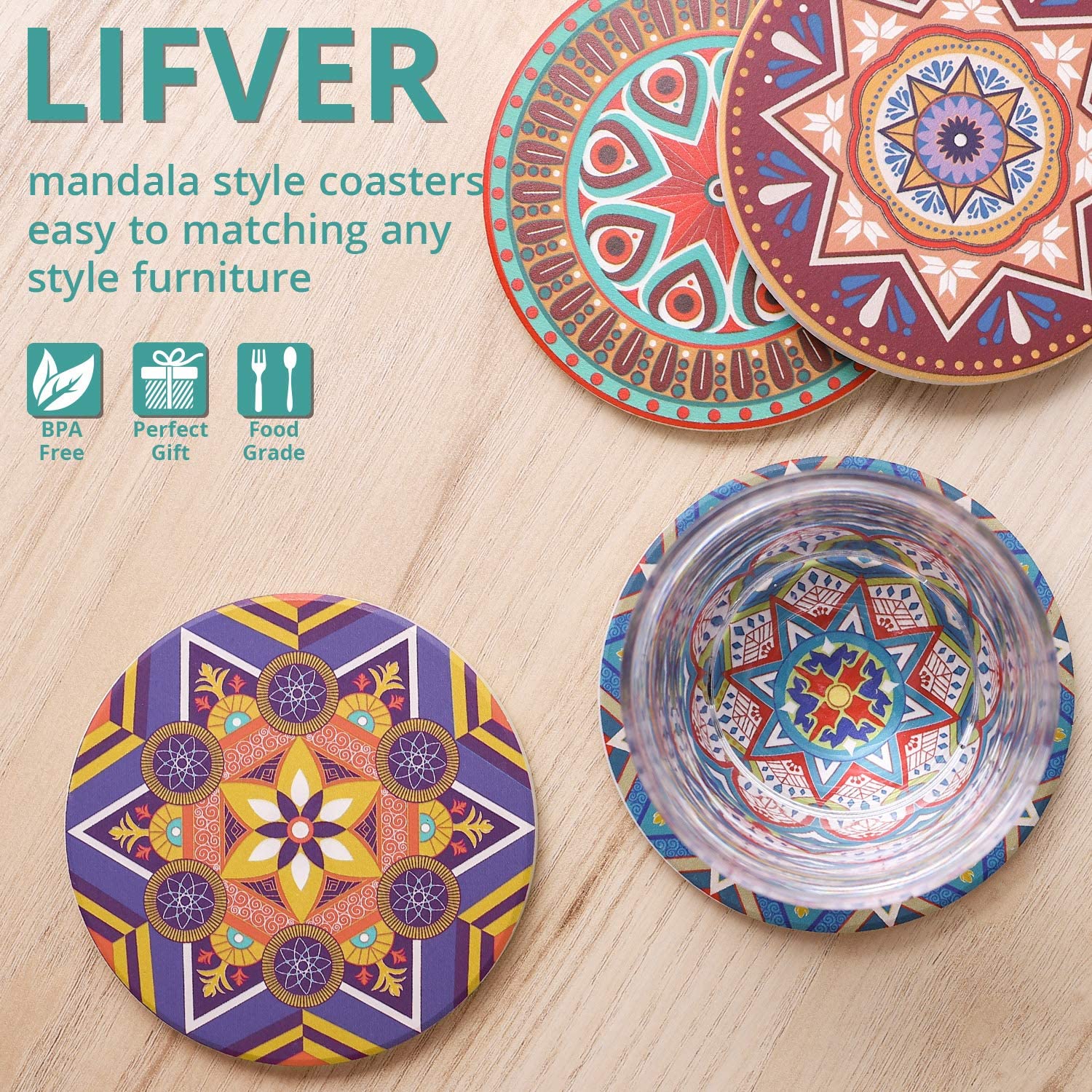 LIFVER Mandala Style Coasters with Holder，Set of 8，Ceramic Coasters with Cork Base，4 inch