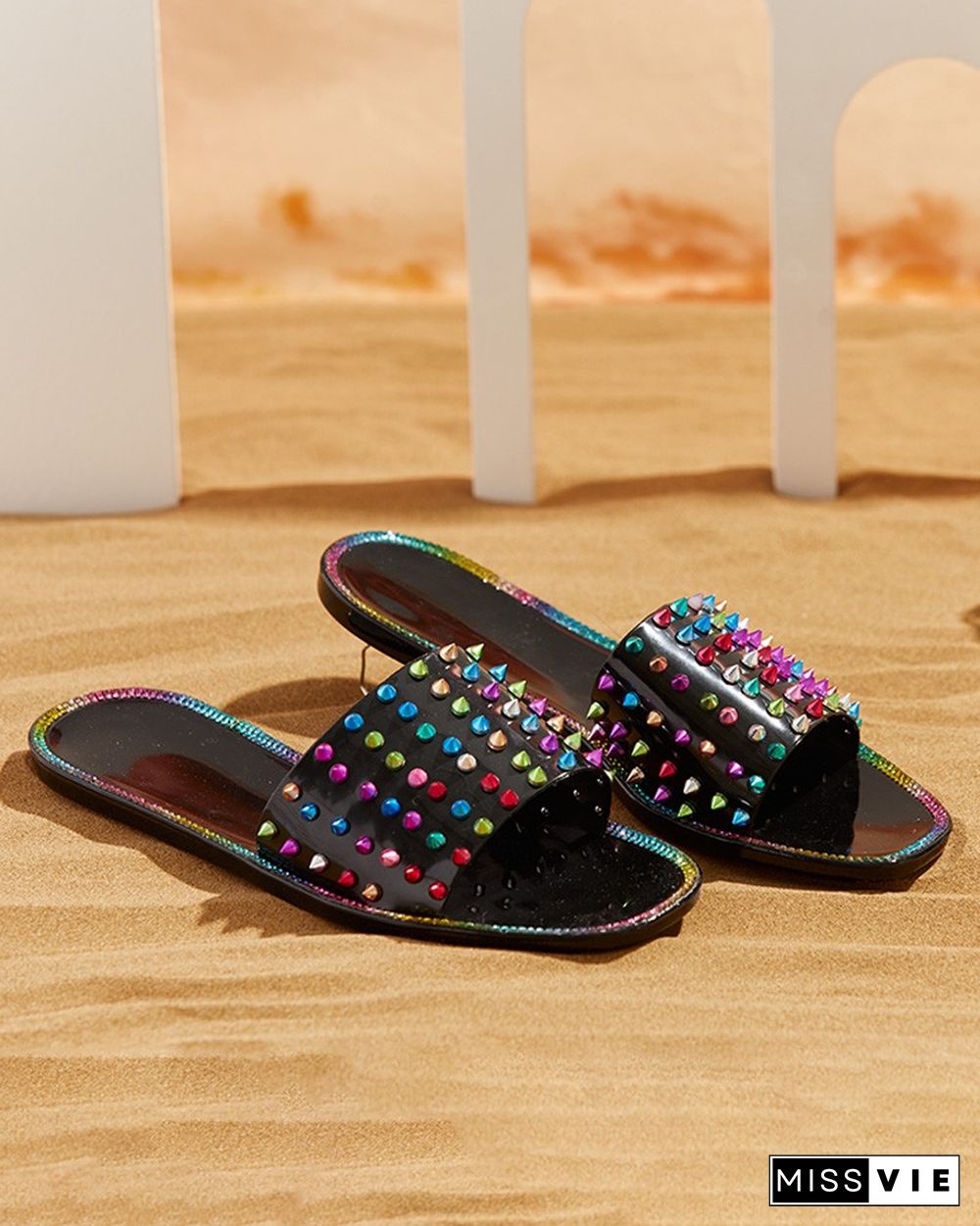 Colorful Rivet Clear Perspex Studded Slippers