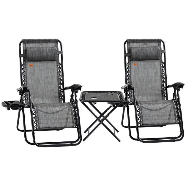 Outsunny Zero Gravity Chaise Lounger Chair 3 piece Set Folding Reclining Patio Chair With Side Table Cup Holder And Headrest For Poolside Or Camping