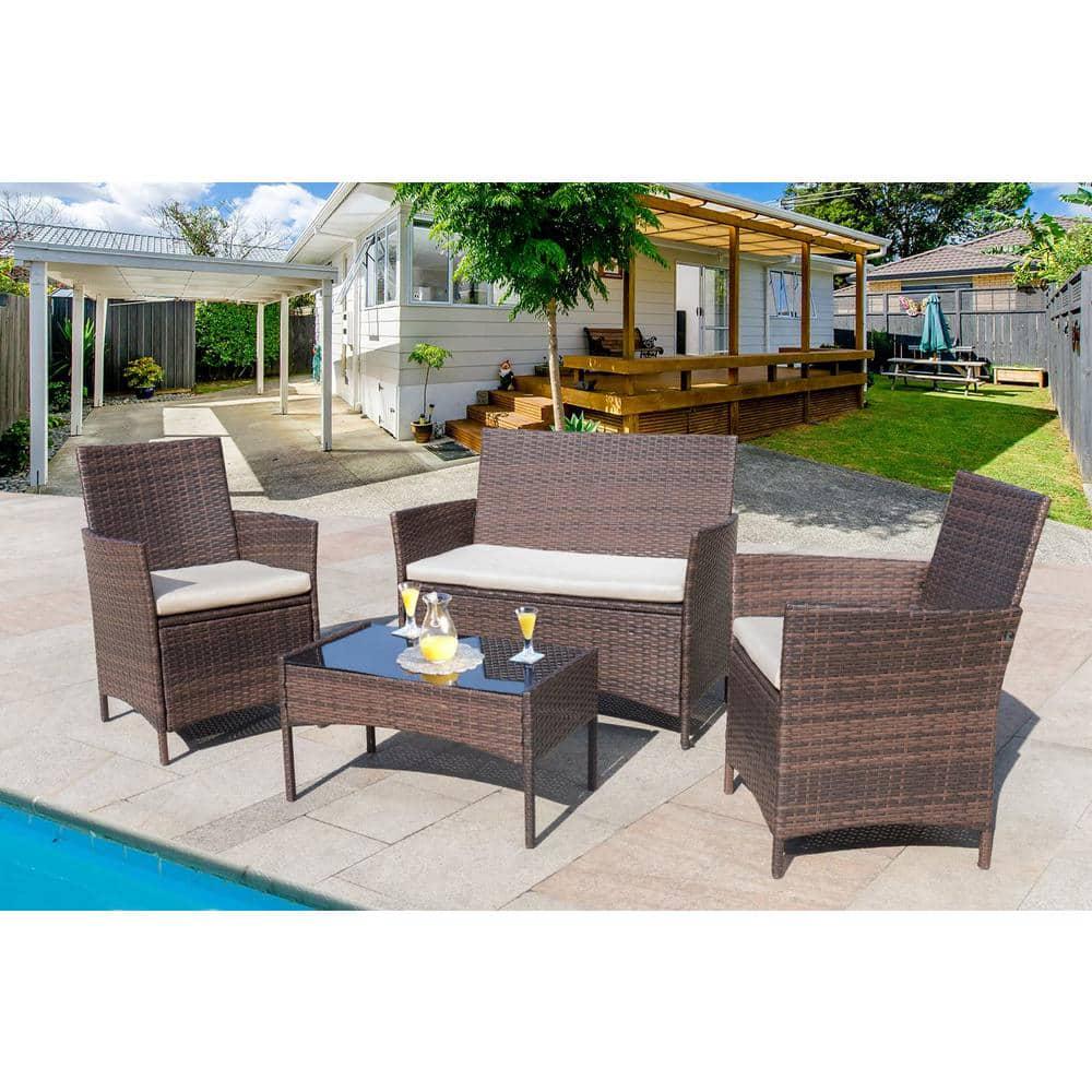 Tozey Brown 4Pieces Wicker Outdoor Patio Furniture Sets Rattan Chair Wicker Set with Beige Cushion