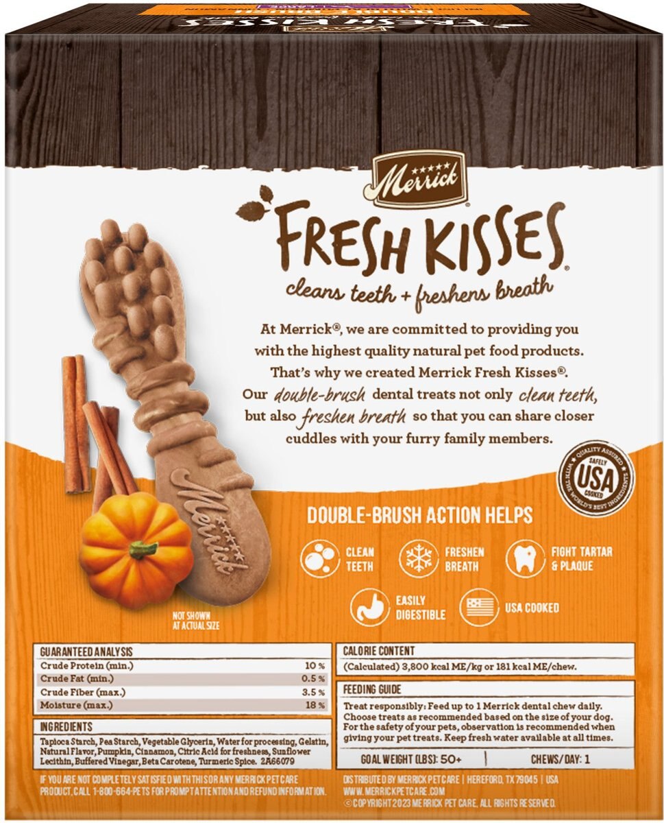 Merrick Fresh Kisses Real Pumpkin and Cinnamon Large Breed Dog Dental Treats， 14 count