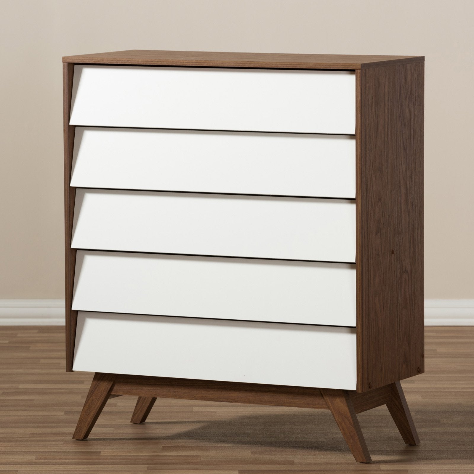 Baxton Studio Hildon Mid-Century Modern White and Walnut Wood 5-Drawer Storage Chest