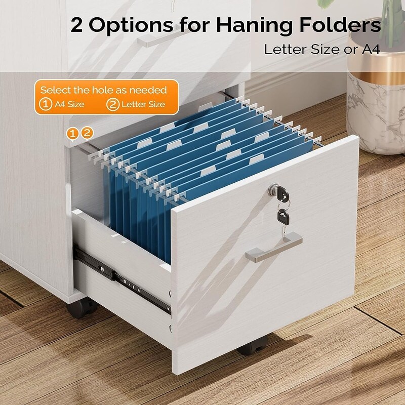 2 Drawer Rolling Wood File Cabinet with Lock