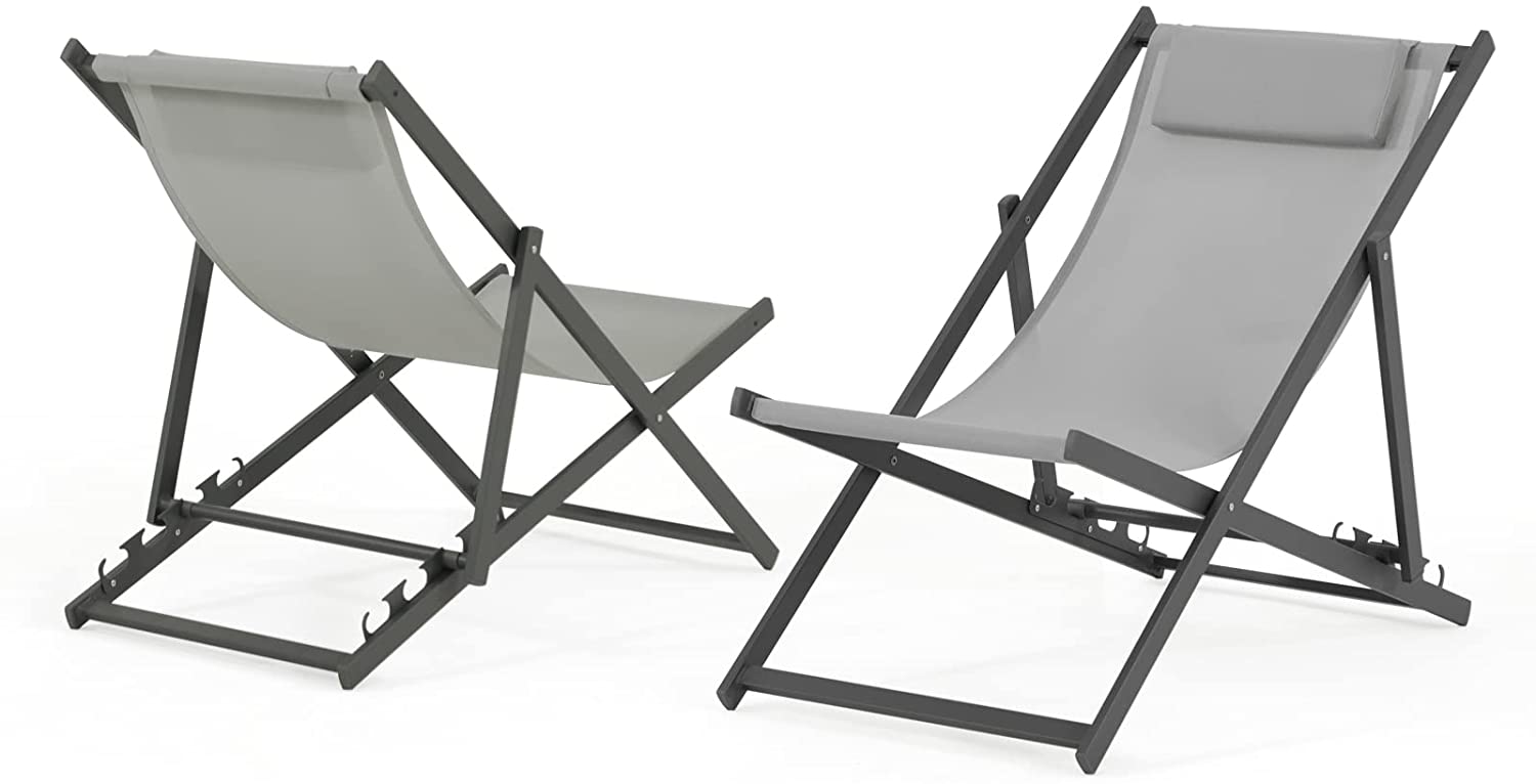 Jardin Outdoor Folding Sling Chair Set of 2 Aluminum Portable Lounge Chair Reclining Beach Chair with Headrest for Deck Beach Pool Garden  Dark Grey & Grey