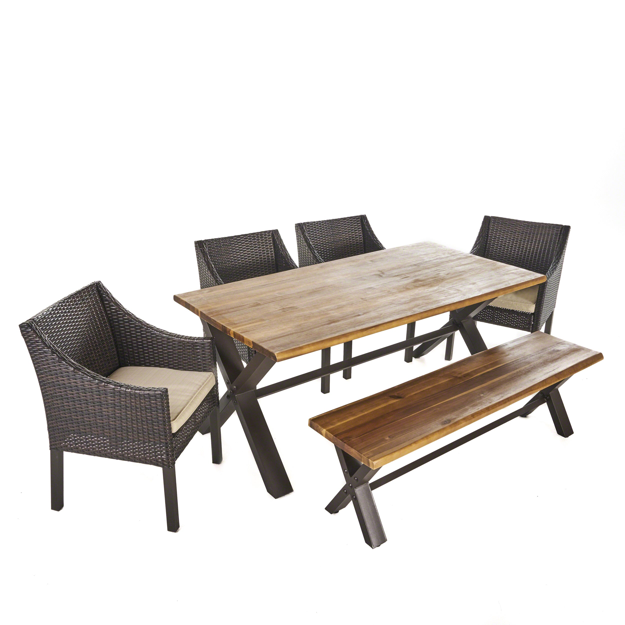 Helen Outdoor 6 Piece Teak Finished Acacia Wood Dining Set