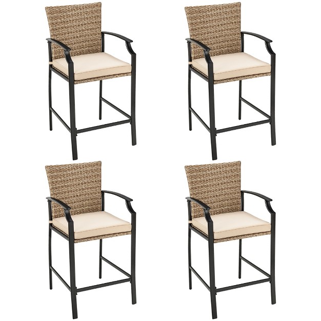 Costway 4pcs Patio Rattan Bar Stool Chairs Cushioned Seat Footrest amp Armrest