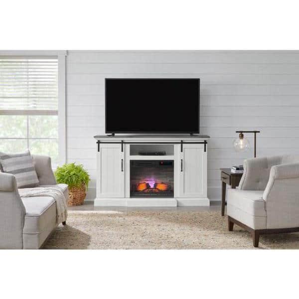 Home Decorators Collection Kerrington 60 in W Freestanding Media Console Electric Fireplace TV Stand in White with Gray Top