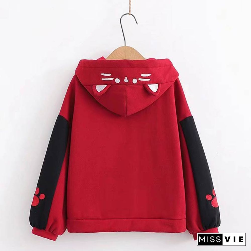 Embroidery Kitty Pocket Colorblock Hoodie