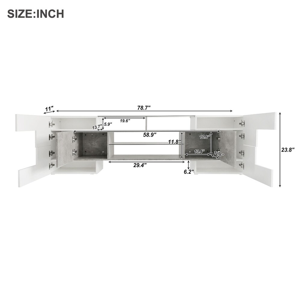 High Gloss TV Stand with 2 Illuminated Glass Shelves and Storage Cabinets  Entertainment Center with LED Lights for 80\