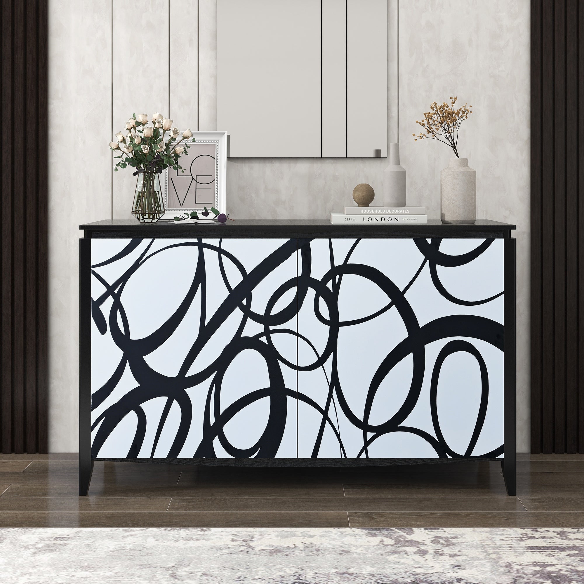 Sideboard with 2 Decorative Doors and Superb Spray Painting， Entryway Table with 2 Drawers and 4 shelves for Living room， Entryway