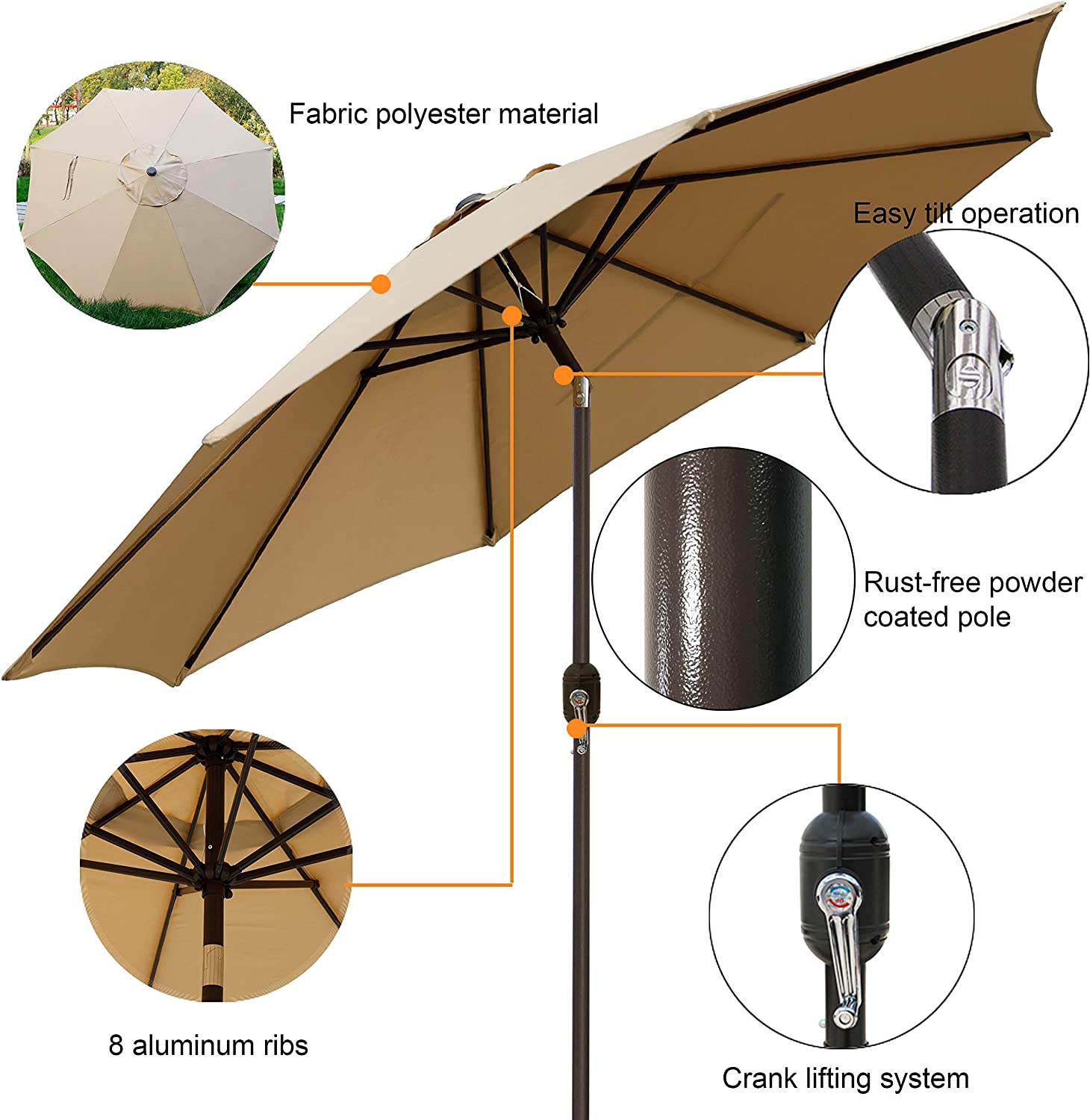 9' Outdoor Market Patio Umbrella with Push Button Tilt and Crank, 8 Ribs (Tan)