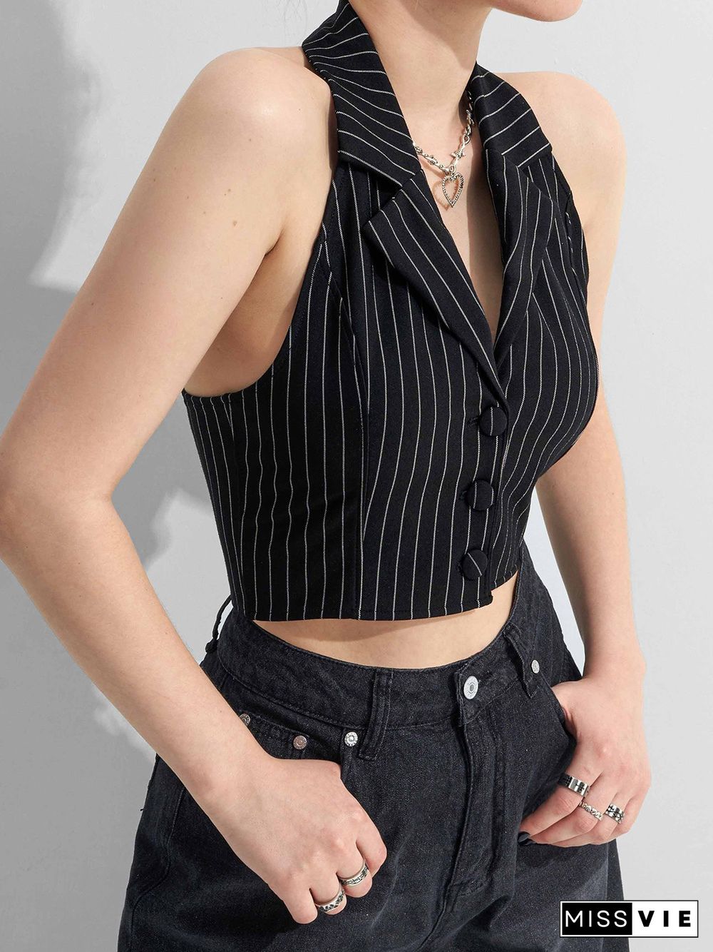 Pinstriped Crop Halter Tank Top