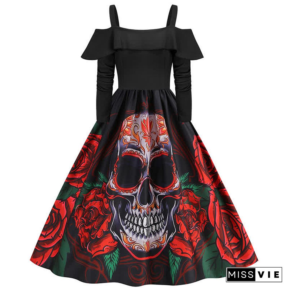 Halloween Printed Off The Shoulder Long Sleeve Dress