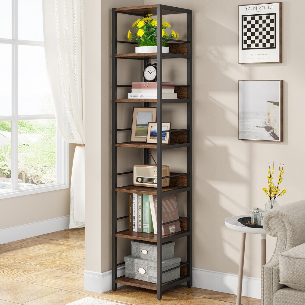 2PCS 75 Inch Corner Shelves Narrow Bookshelf  Multipurpose Storage Shelf Organizer Rack for Small Spaces   Rustic Brown