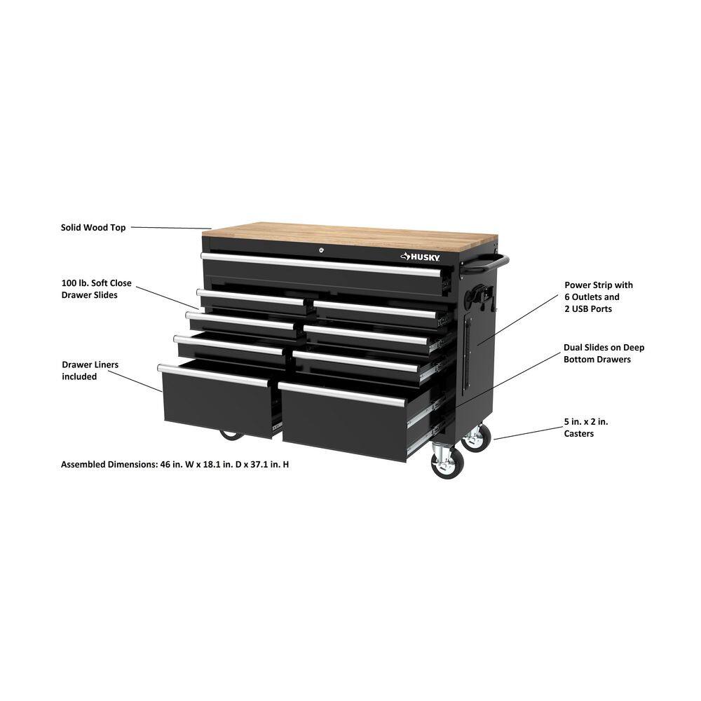 Husky 46 in. W x 18 in. D 9-Drawer Gloss Black Mobile Workbench Cabinet with Solid Wood Top H46X18MWC9BLK