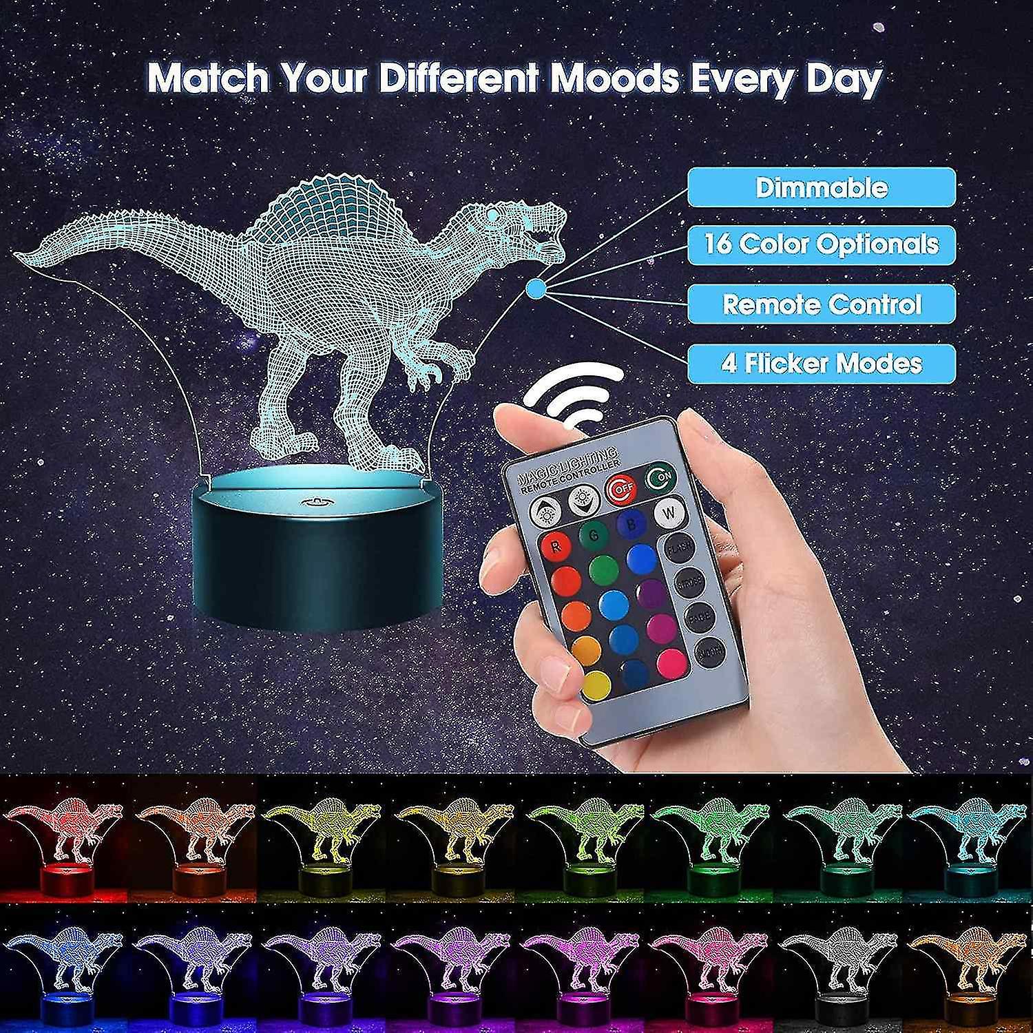 Night Light For Kids， 16 Colors 3d Spinosaurus Night Light