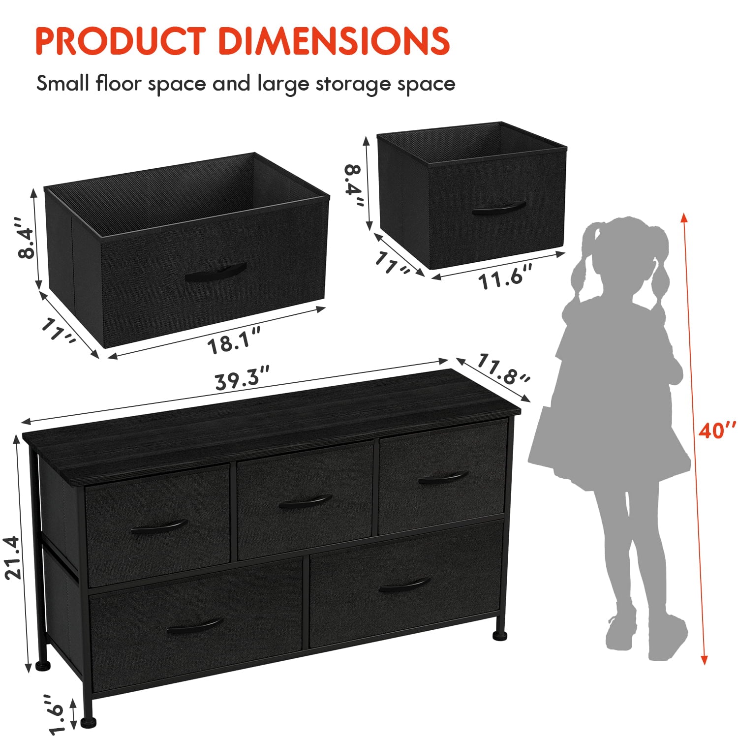 Vineego Dresser for Bedroom with 5 Drawers, Wide Chest of Drawers, Fabric Dresser,Black