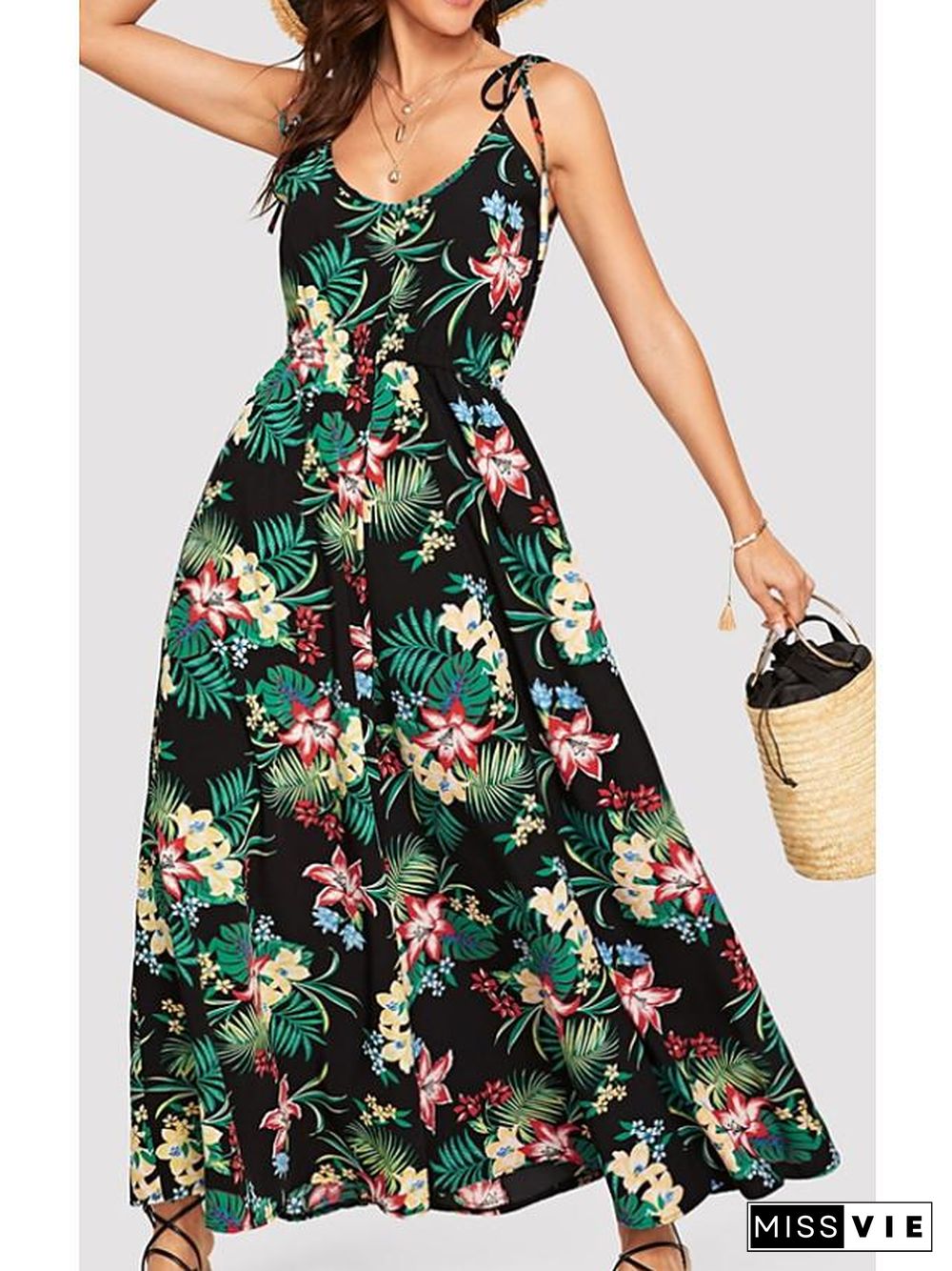 Women's Strap Dress Maxi long Dress Sleeveless Floral Print Spring Summer Casual Green S M L XL Black Dresses