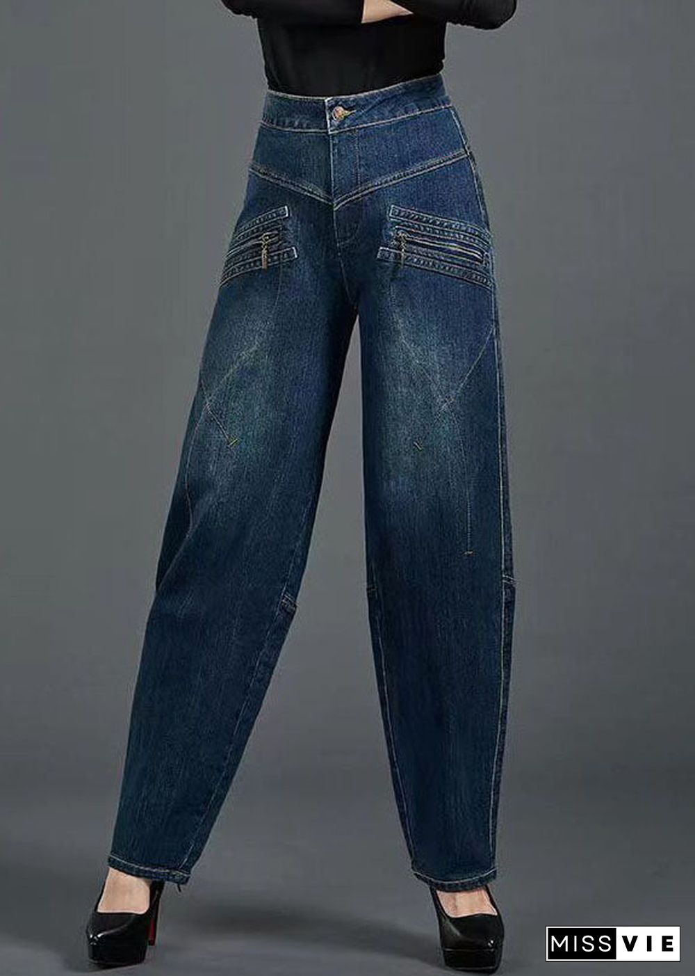 Bohemian Blue High Waist Flatering Zip Up Pockets Cotton Denim Pants Summer