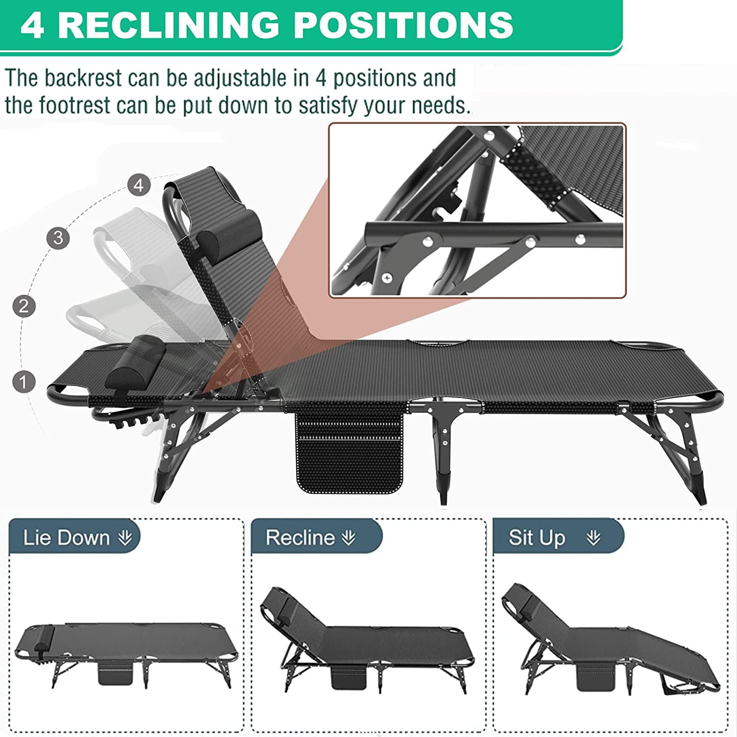 ABORON Camping Cots for Adults, 4- position Adjustment Folding Chaise Lounge Chair, Folding Cots, Sleeping Cots with 2-Sides Cotton Mattress & Pillow